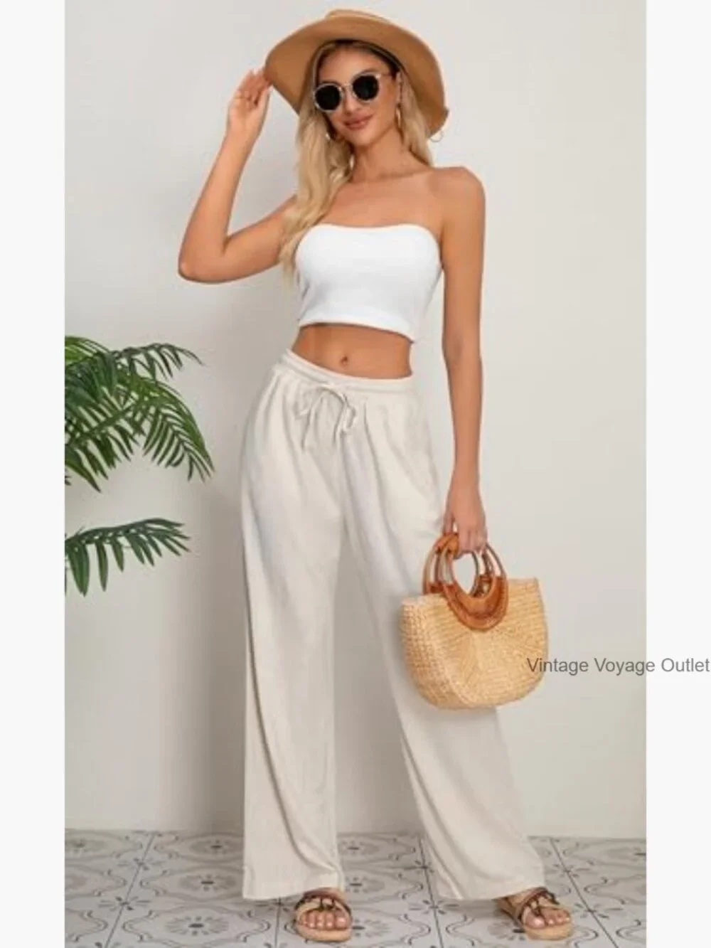 Cotton Linen Palazzo Pants Wide Leg Drawstring Waist Casual Lounge Trousers - Picture 4 of 6